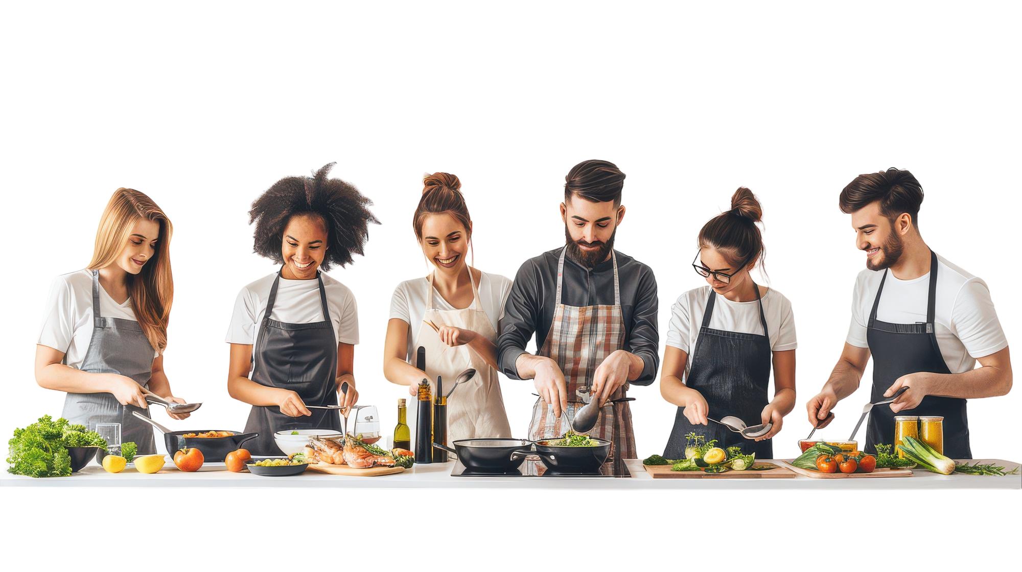 Cooking class participants around a large table